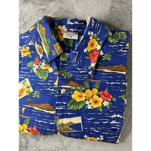 Go Barefoot Hawaiian Shirt Mens 2X Blue Tropical Hibiscus Made in USA Cotton